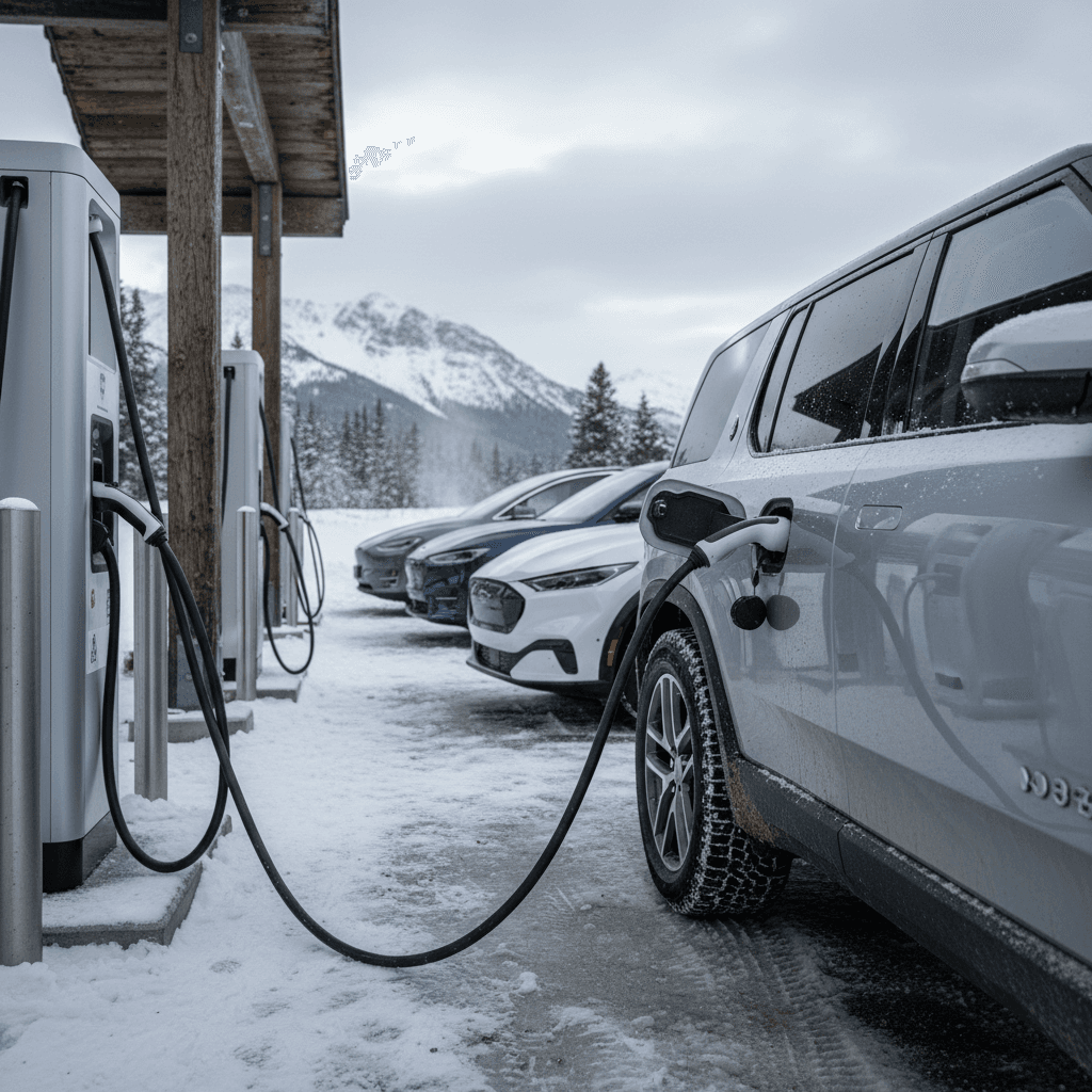 Modern electric SUVs charging at a snowy fast charging station in winter