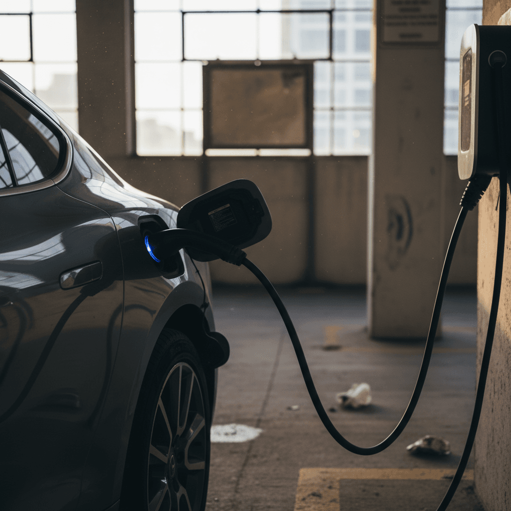 Electric vehicle plugged into a Level 2 charger in a New York apartment garage with multiple parking spaces