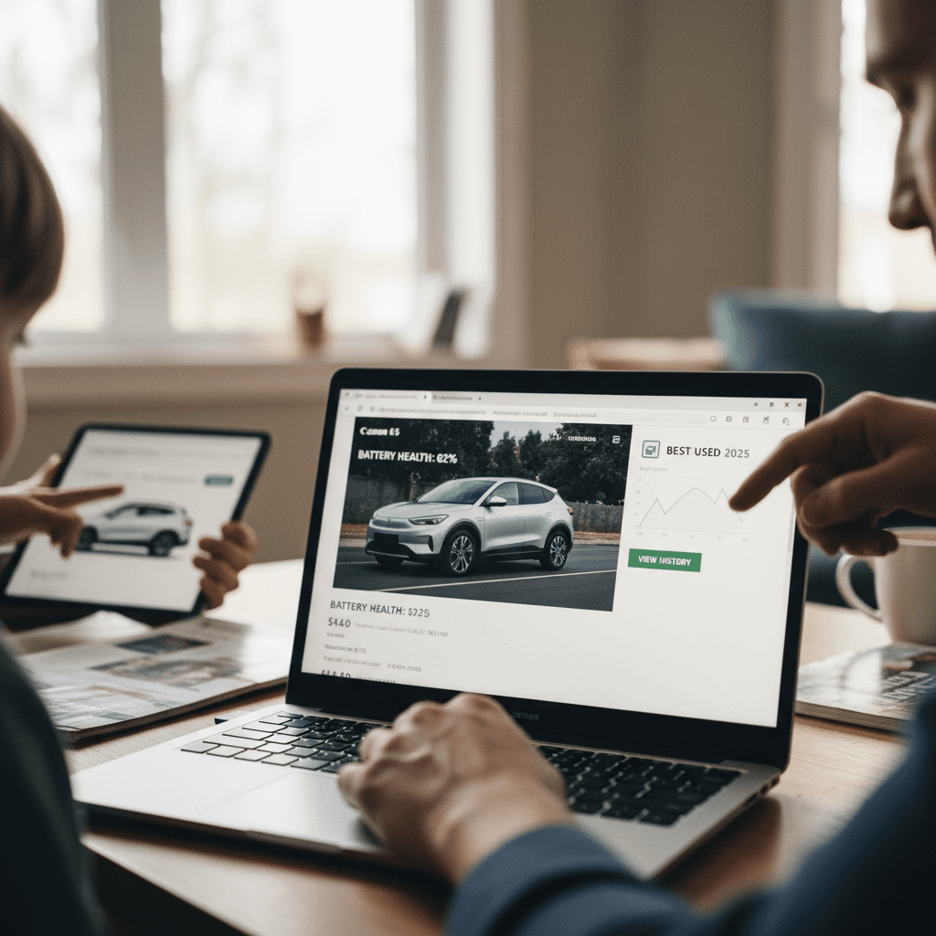 Technician reviewing an electric car’s battery health report on a diagnostic tablet