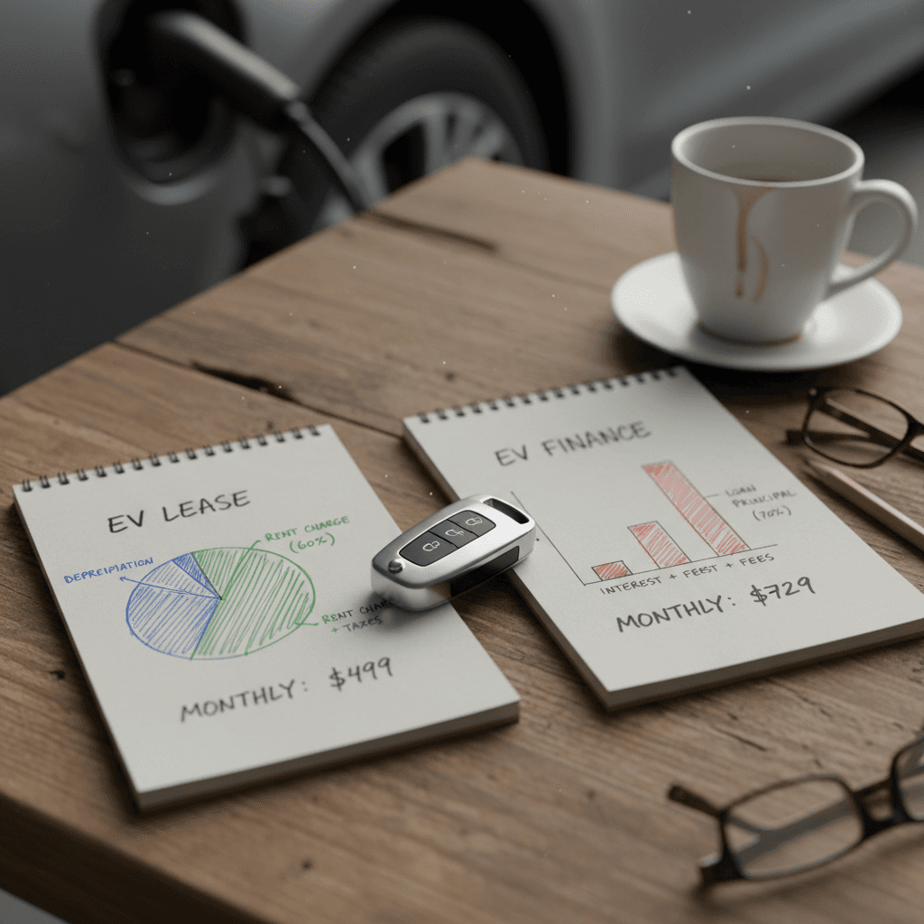 Side-by-side comparison chart showing monthly payment and total cost differences between financing and leasing the same electric vehicle.