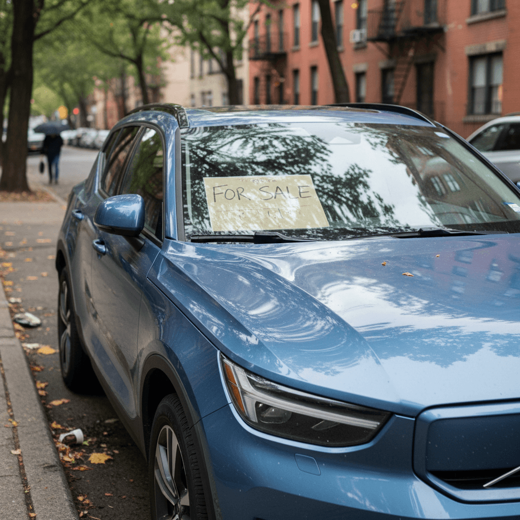 Used Volvo EX40 electric SUV parked on a residential street with a small for sale sign in the windshield