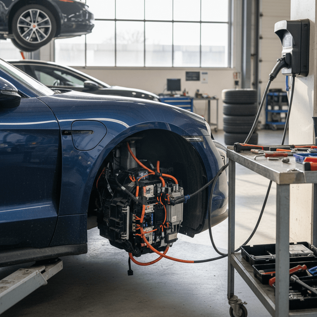 Porsche Taycan digital instrument cluster showing vehicle status and service reminders