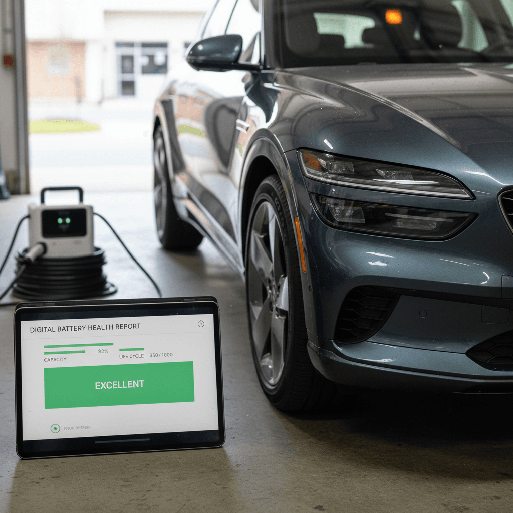 Digital battery health report displayed on a tablet next to a Genesis GV60 prepared for sale