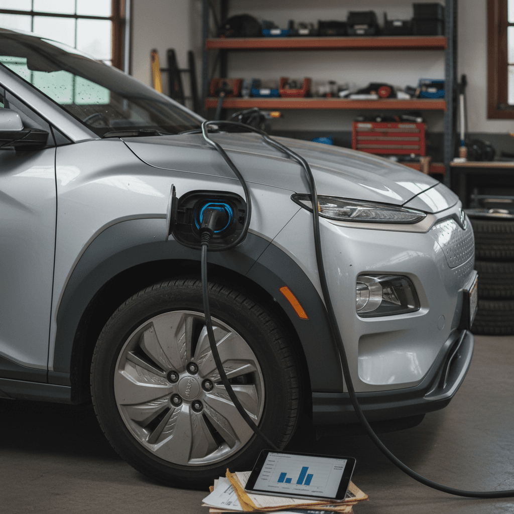 Electric SUV plugged into a home wall charger in a modern garage