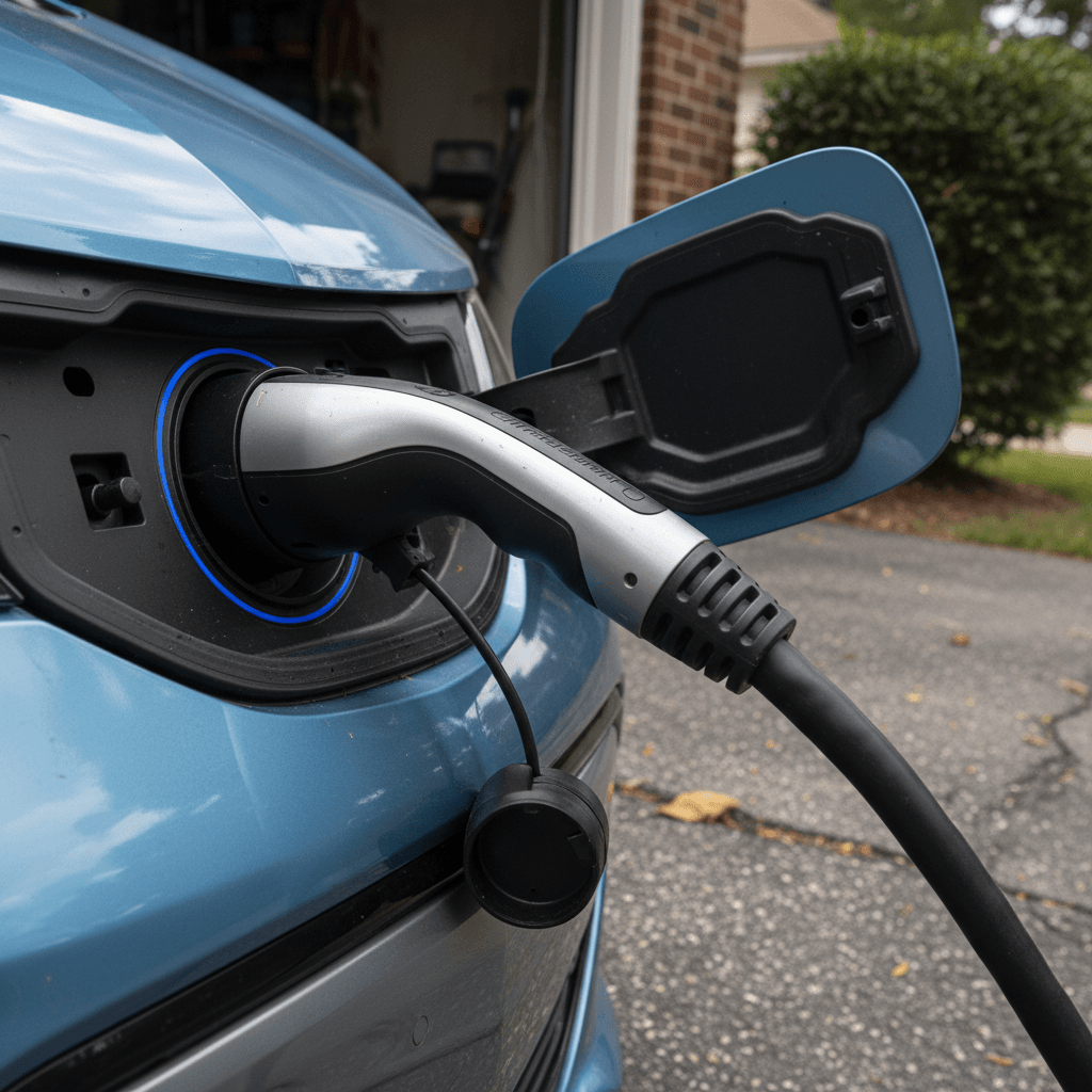 Chevrolet Bolt EV charging at a home driveway Level 2 charger, illustrating common home charging use