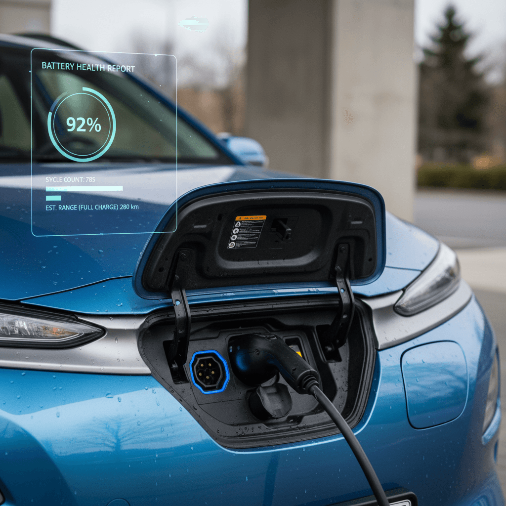 Close view of a Hyundai Kona Electric plugged into a home charger with a tablet showing a battery health report