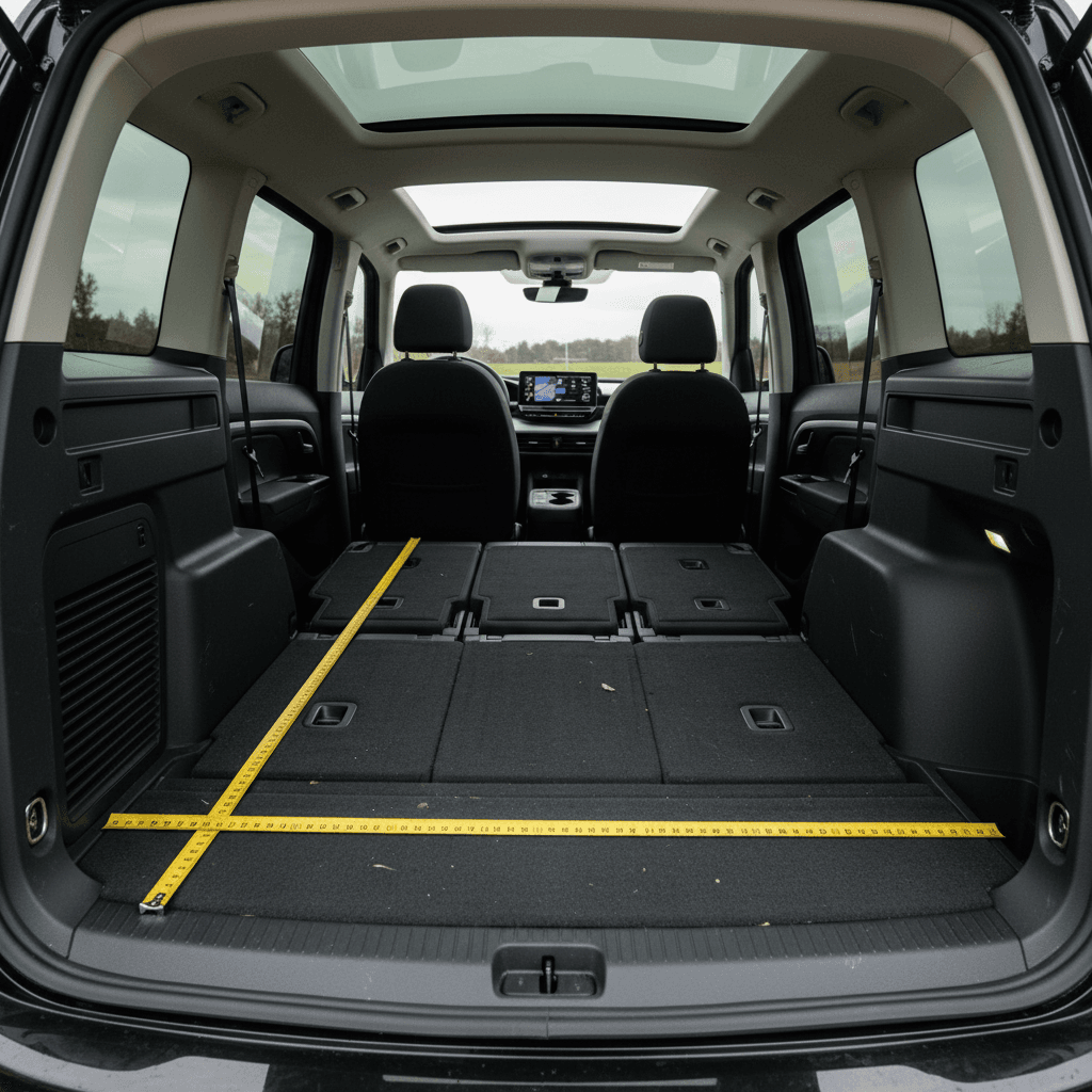Cadillac Lyriq rear cargo area with the split-folding rear seats folded flat, loaded with suitcases and gear