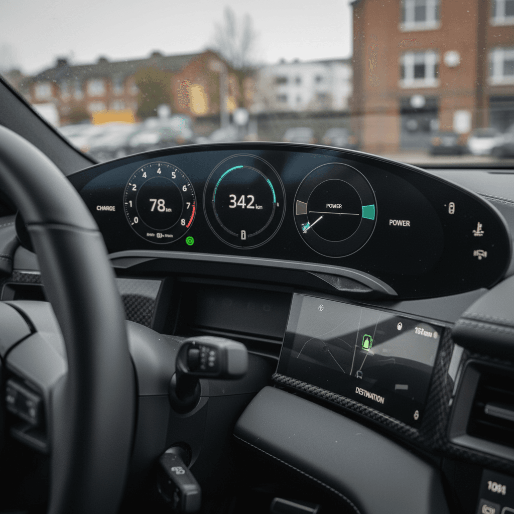 Close-up of a Porsche Taycan digital instrument cluster showing battery state-of-charge, range estimate, and navigation information.