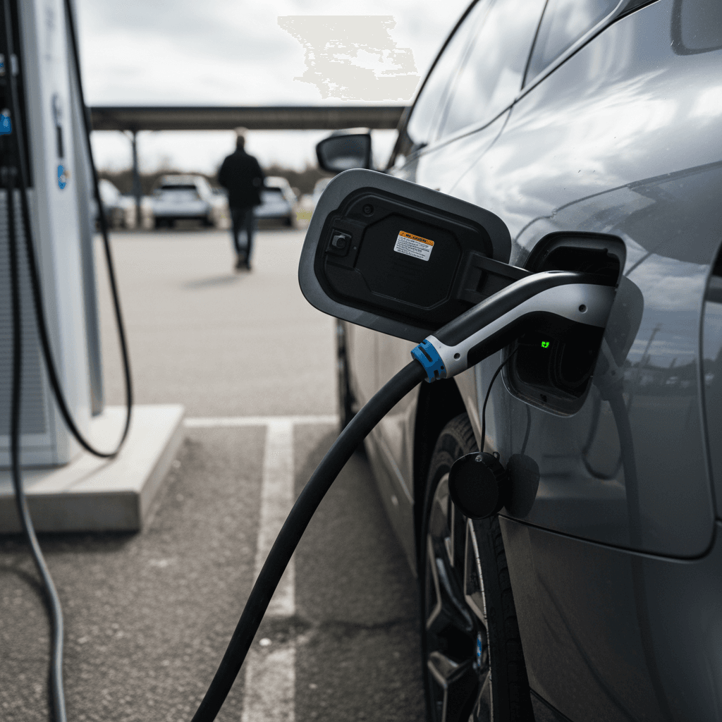A 2024 BMW iX plugged into a DC fast charger, highlighting its side profile and charging port
