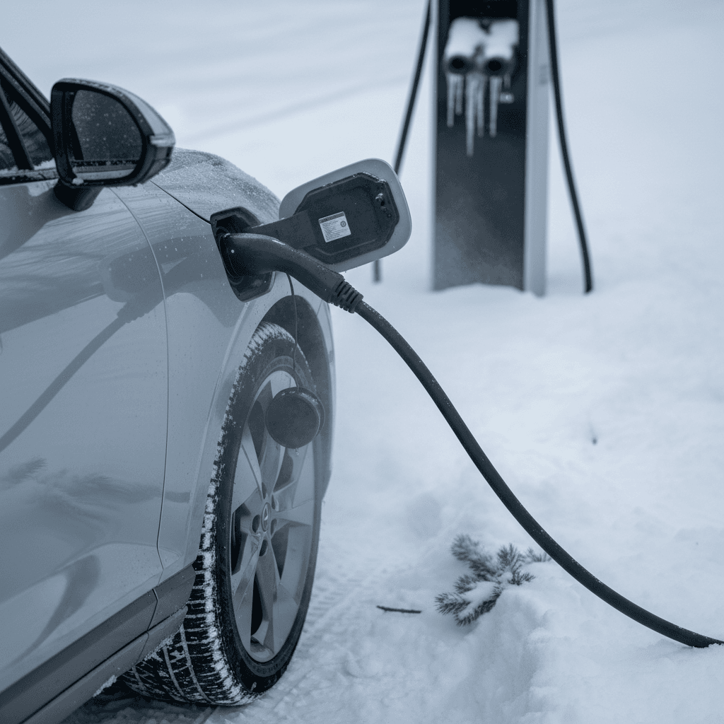 Genesis GV60 fast charging outdoors at a public station with snow on the ground