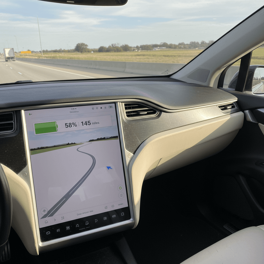 2016 Tesla Model X dashboard showing state of charge and projected range during a highway range test