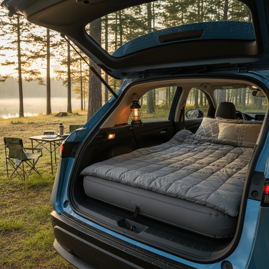 Cargo area of a Nissan Ariya with rear seats folded and a camping mattress laid out for sleeping
