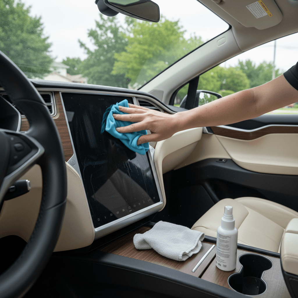 Owner cleaning a Tesla Model X interior and touchscreen before listing it for sale