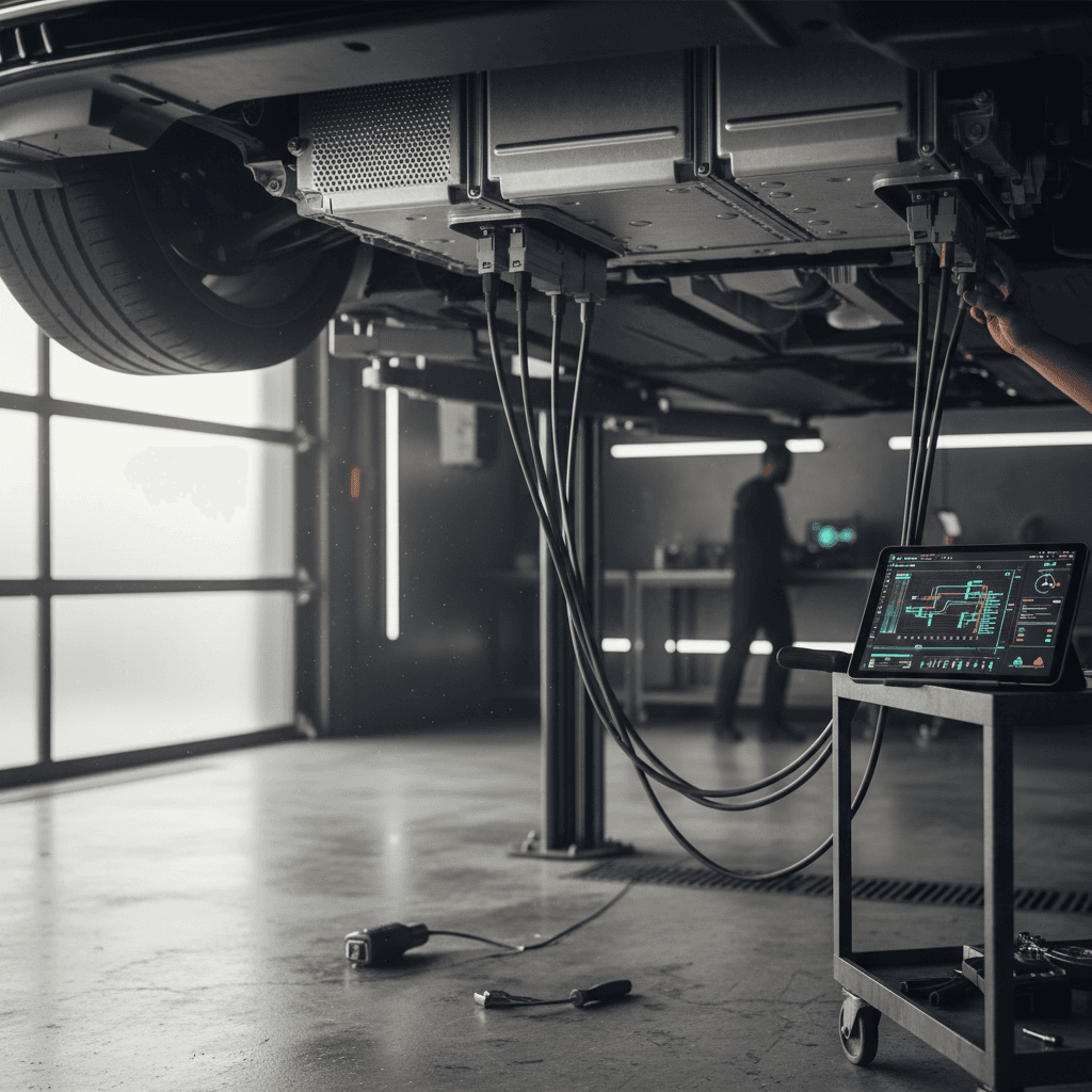 Technician using diagnostic equipment to generate a detailed battery health report on a Mercedes EQS in a service bay