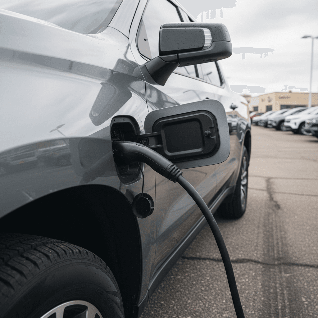 Used Chevrolet Silverado EV trucks lined up at a dealership lot, highlighting different trims and colors