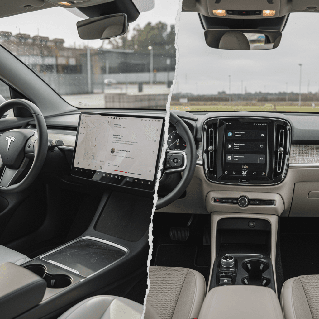 Side-by-side interiors of Tesla Model Y and Volvo EX30 highlighting cabin space and design differences
