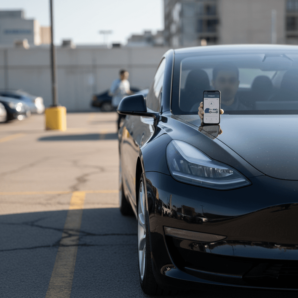 Tesla Model Y owner sitting with an insurance agent reviewing coverage options on a tablet at a desk