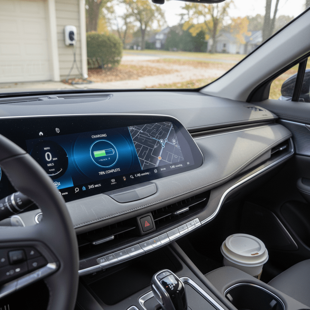 Driver view of a 2024 Cadillac Lyriq cockpit with the curved infotainment and instrument display illuminated while the vehicle charges at home