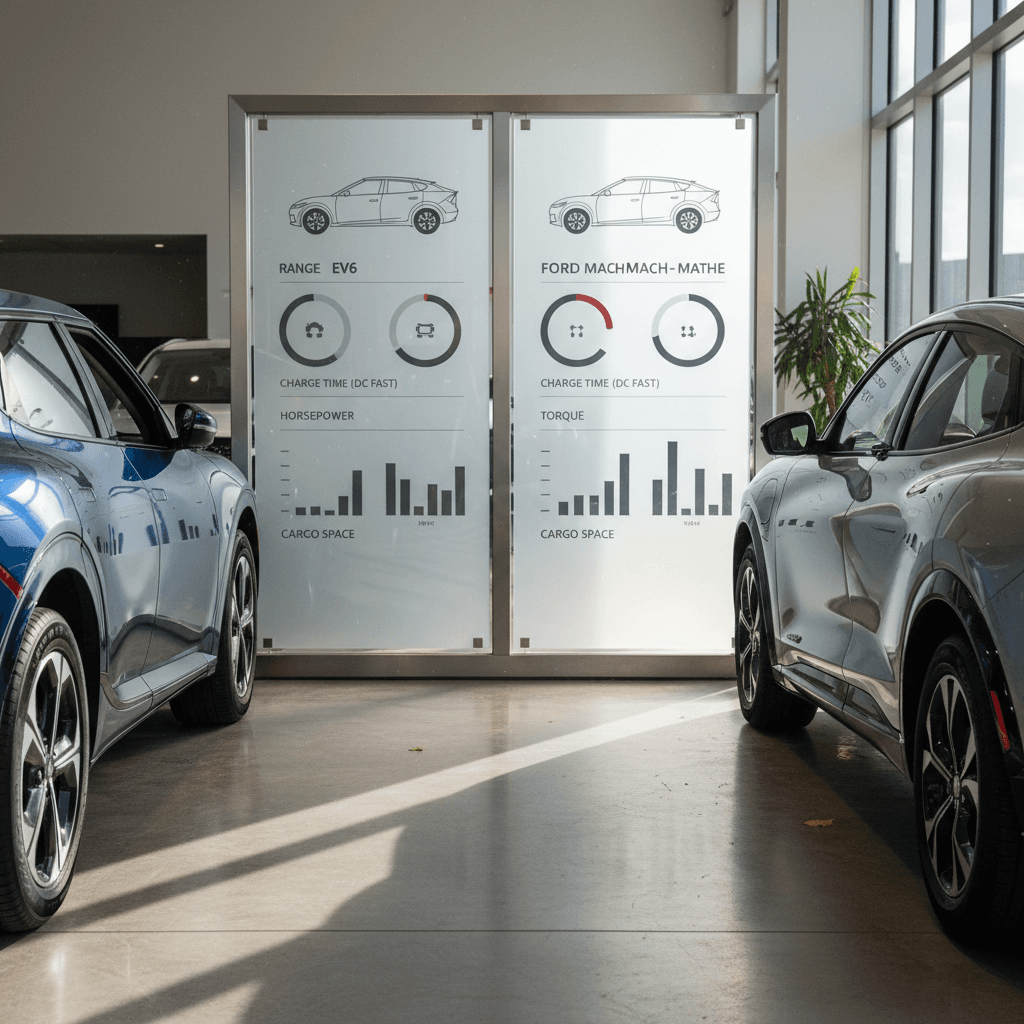 Infographic-style side-by-side spec comparison of a used Kia EV6 and a Ford Mustang Mach-E, highlighting battery size, range and charging speed.
