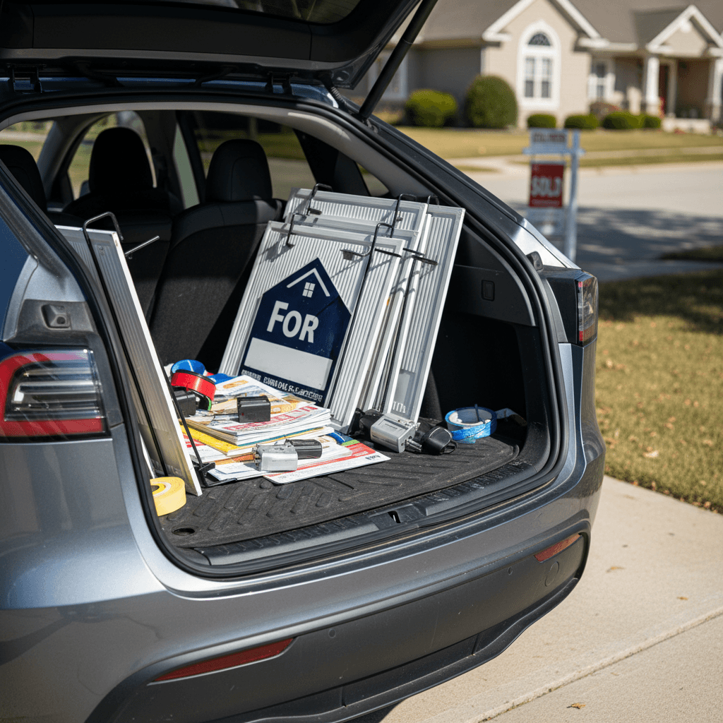Open trunk of a compact electric crossover loaded with real estate signs, riders, and marketing boxes in a driveway