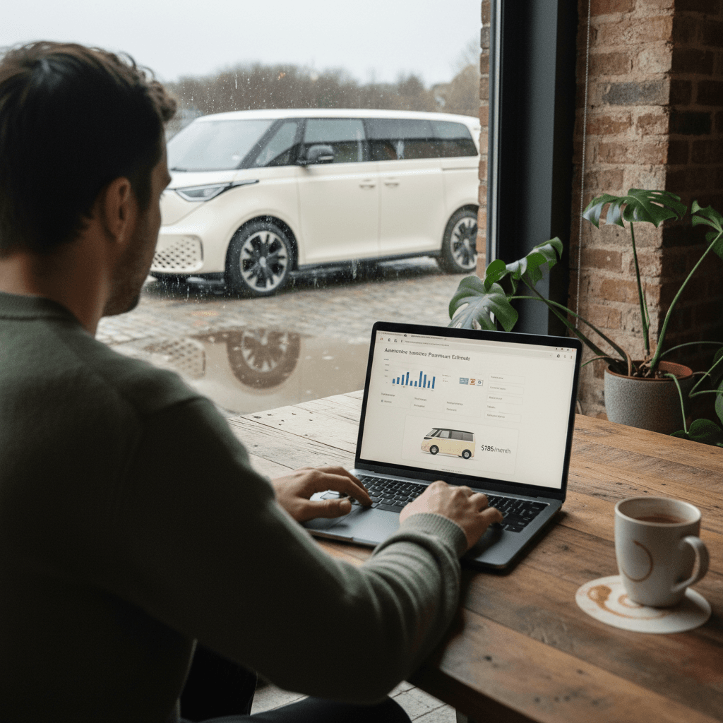Driver reviewing an auto insurance quote on a laptop with a Volkswagen ID. Buzz parked outside the window