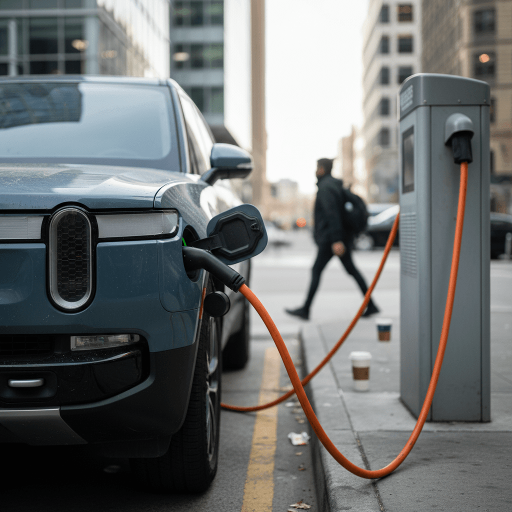 Rivian R1S plugged into a DC fast charger at an urban charging station