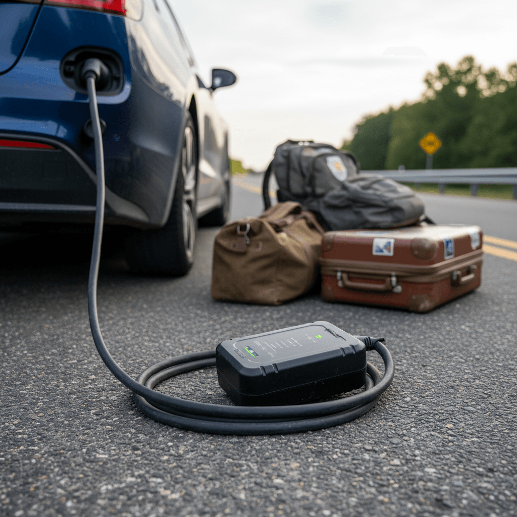 Portable Level 2 EV charging cable and control box laid out beside an electric vehicle on a road trip, with luggage nearby.