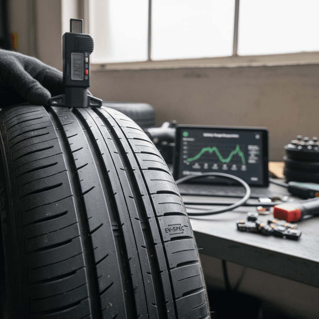 Technician checking an electric vehicle tire and air pressure in a service bay