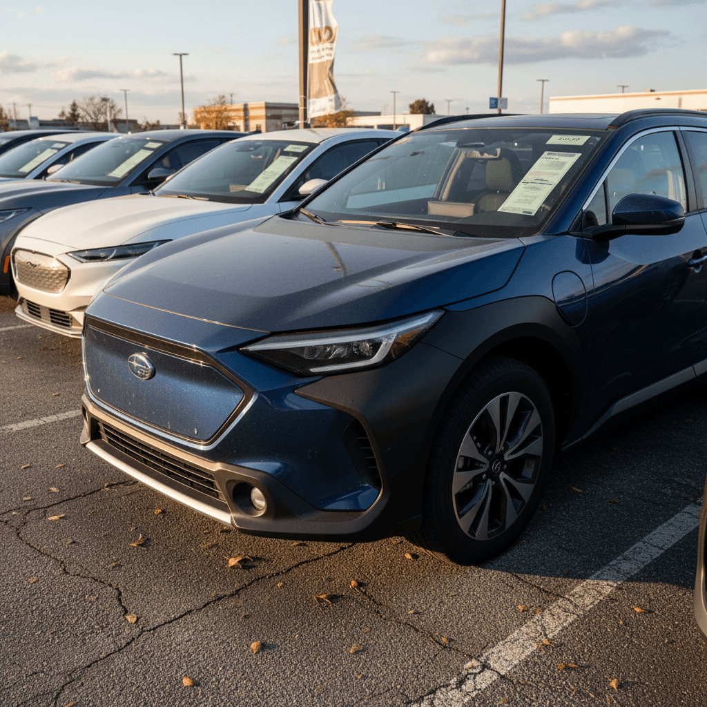 Used Subaru Solterra SUVs lined up on a dealer lot with price stickers in the windows