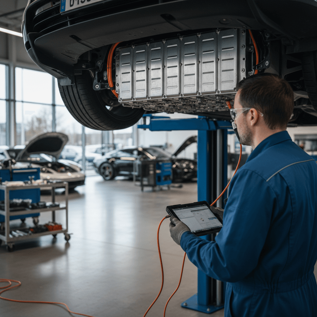 Technician working under a Porsche Taycan on a lift, inspecting the EV’s high‑voltage battery pack for recall repairs.