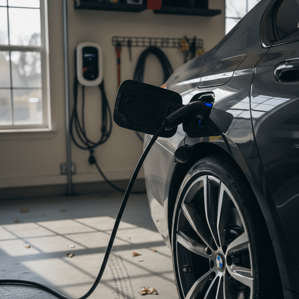 BMW i7 plugged into a home Level 2 charger in a modern driveway