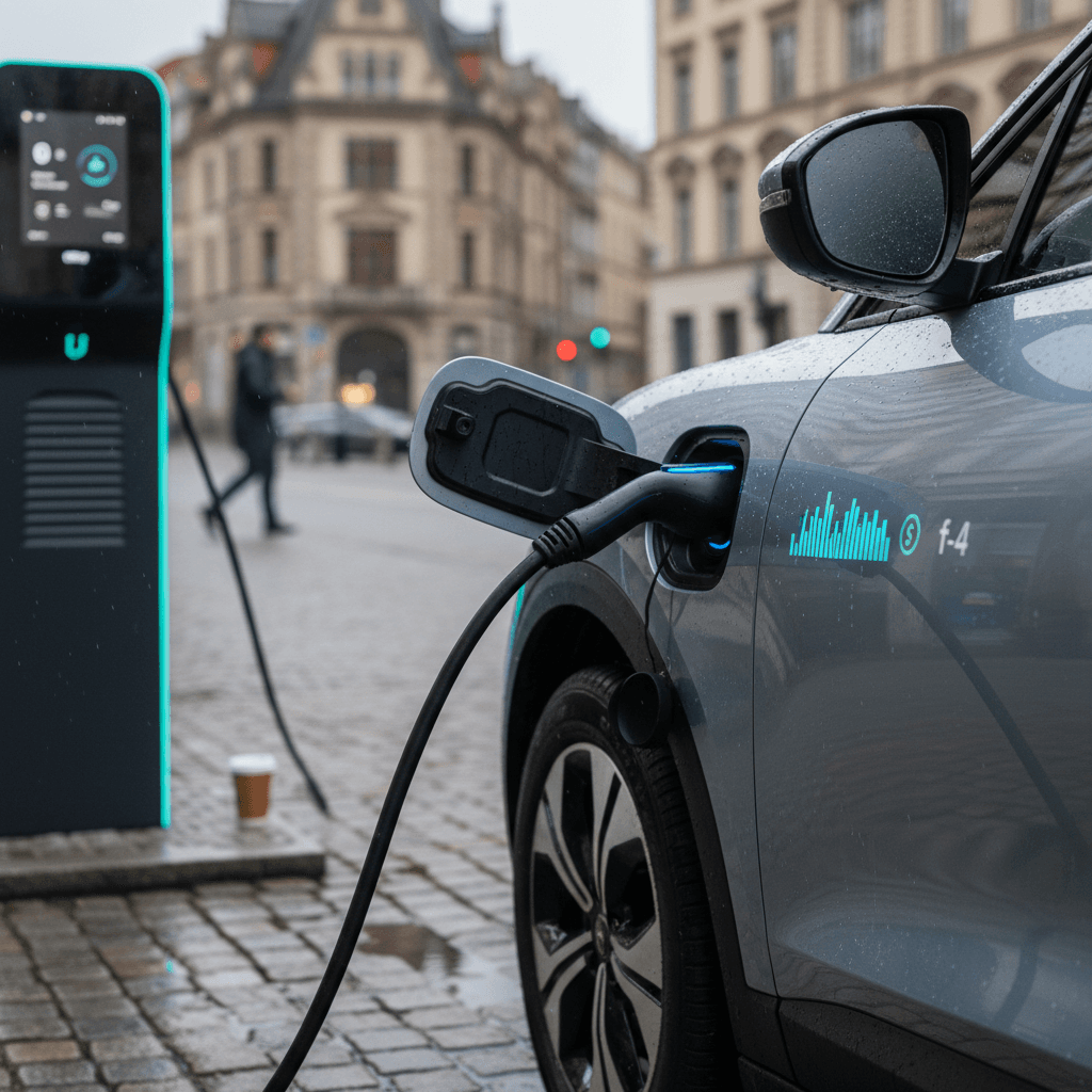 Modern compact electric SUV parked in an urban setting, similar in size to the Smart #1.