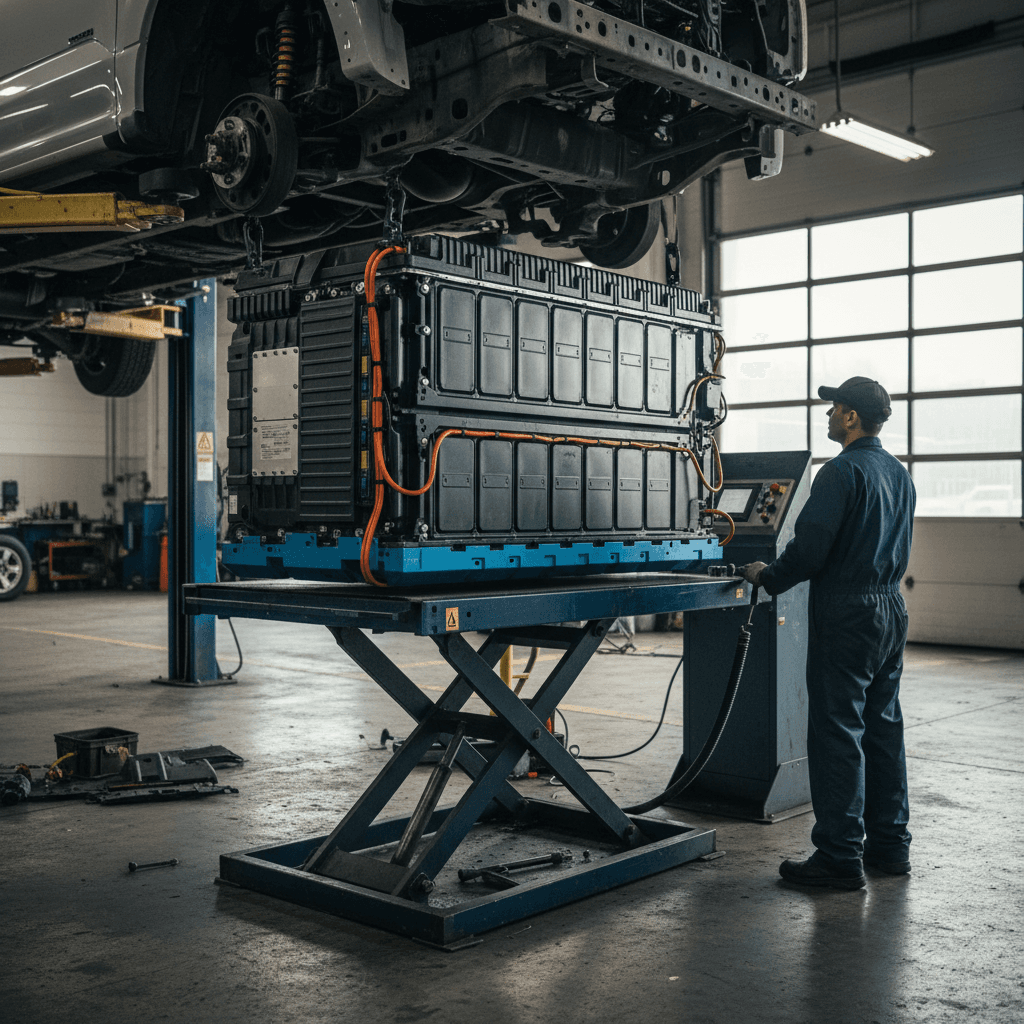 Mechanic lowering a Ford F-150 Lightning high-voltage battery pack from the frame on a lift in a service bay