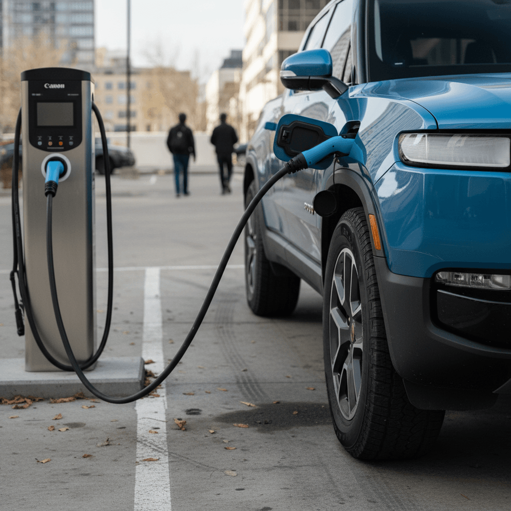 Rivian R1S charging at a modern DC fast charger in a city parking area, highlighting its electric SUV capability