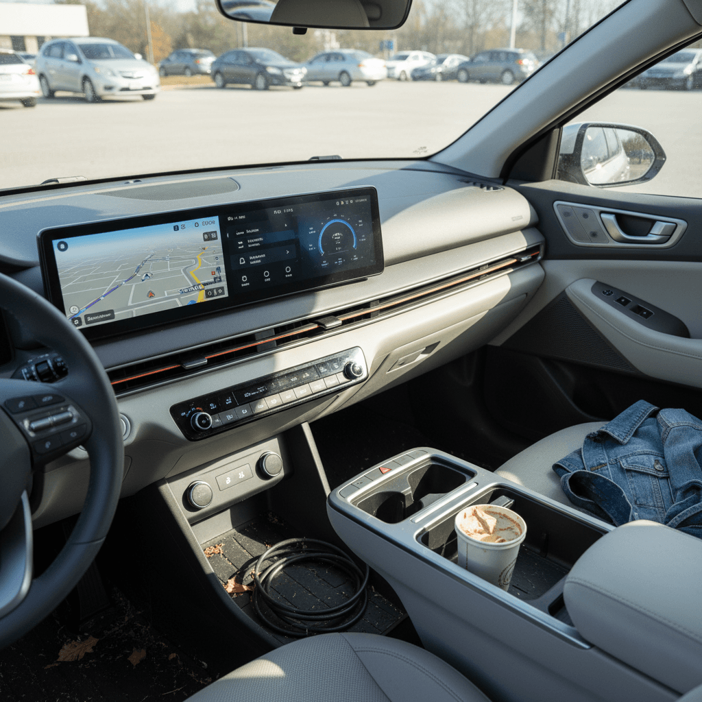 Hyundai IONIQ 5 interior showing dual screens, steering wheel and flat floor for spacious cabin feel