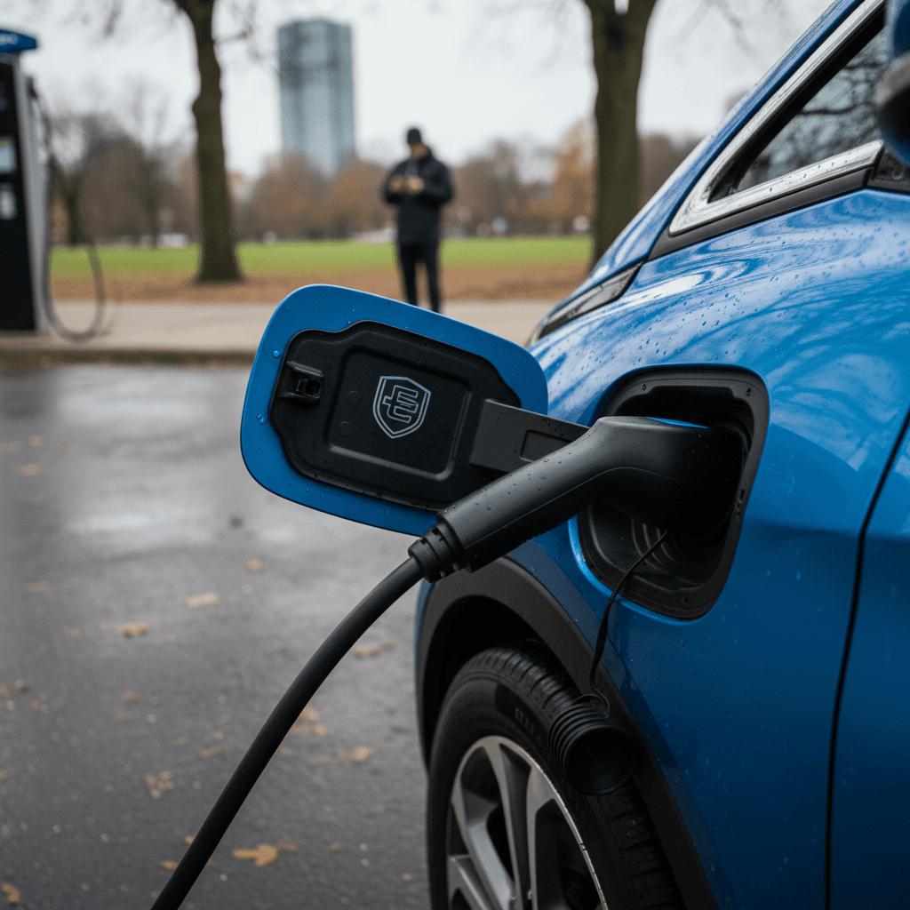 Customer reviewing paperwork while buying a used electric vehicle at a dealership