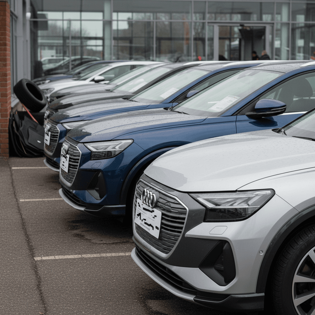 Row of used Audi Q4 e-tron SUVs on a dealer lot with price tags in the windows