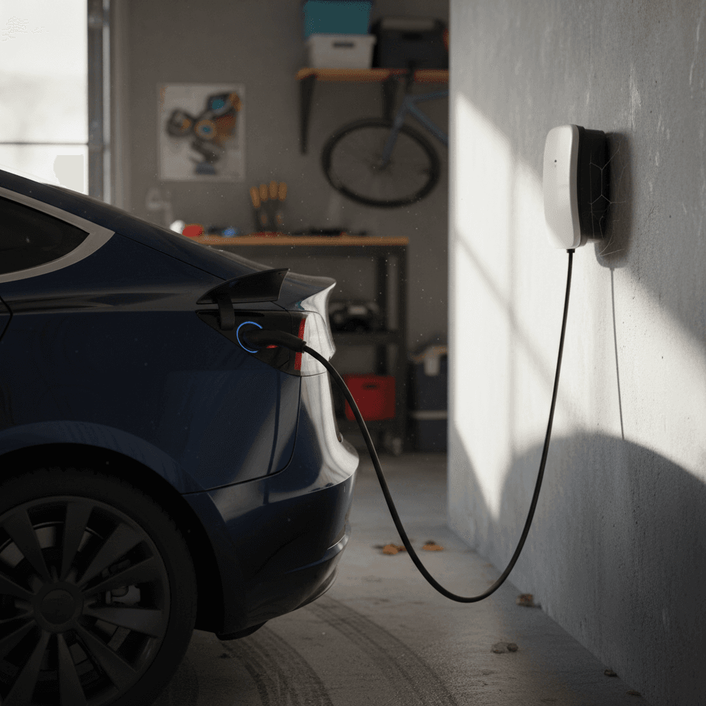 2022 Tesla Model 3 charging at a home wallbox in a residential garage