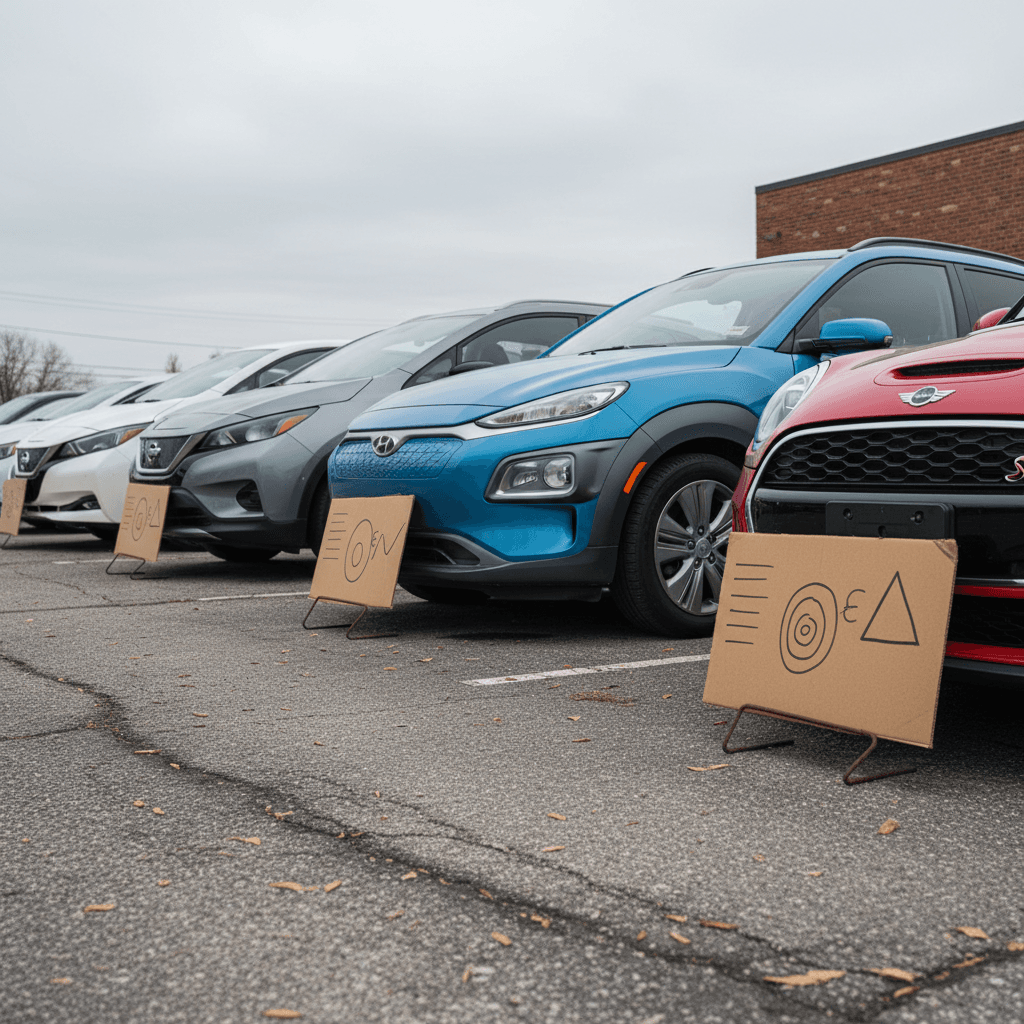 Lineup of compact electric hatchbacks and crossovers with price tags displayed on a dealer lot