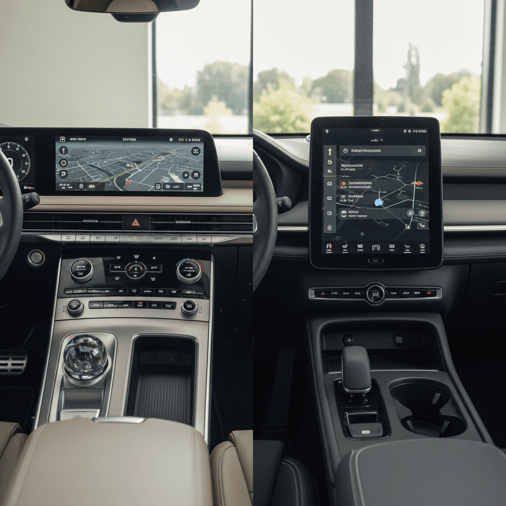 Side-by-side view of Genesis GV60 and Polestar 2 interiors highlighting their infotainment screens and minimalist controls