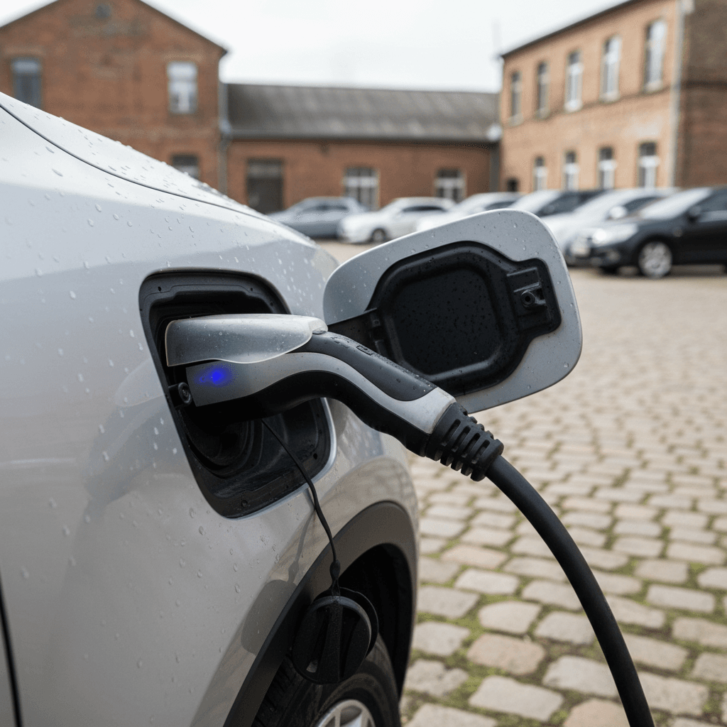 Family standing next to a white electric car parked in a driveway, symbolizing used EV ownership
