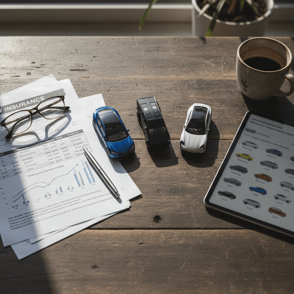 Several mainstream electric crossovers and hatchbacks parked in front of suburban homes, representing EVs with lower insurance costs.