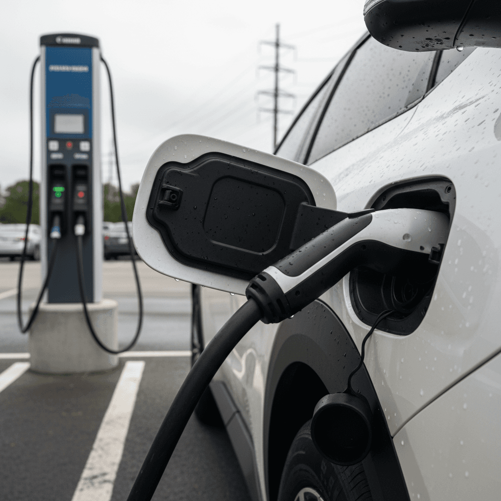 Used Toyota bZ4X charging at a public fast charger, focusing on charging port and cable