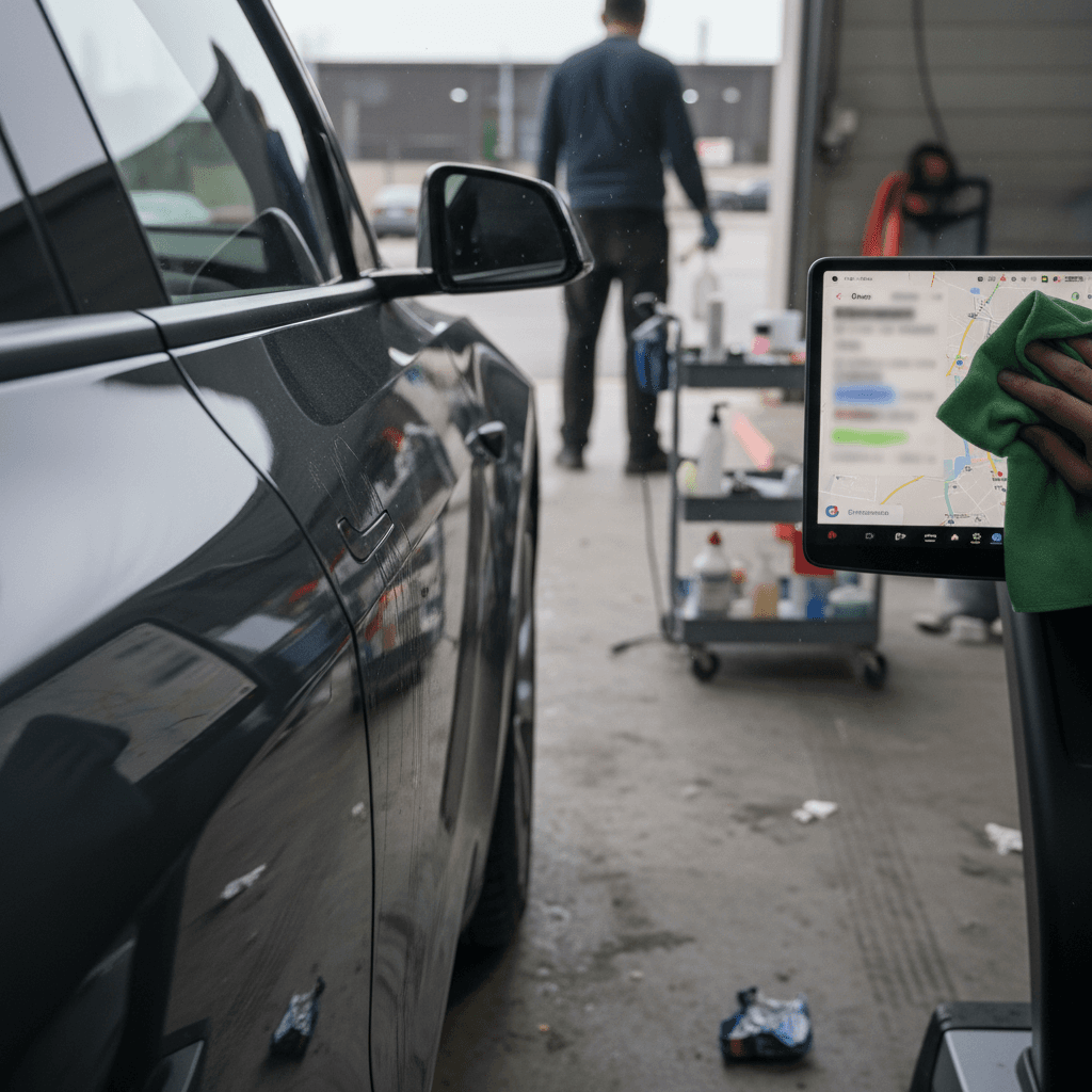 Owner cleaning a 2021 Tesla Model Y exterior and touchscreen to prepare it for sale
