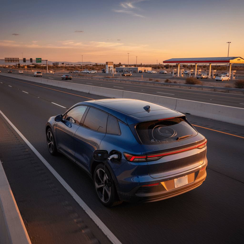 Gas-powered cars driving along a highway at sunset, highlighting long-range travel