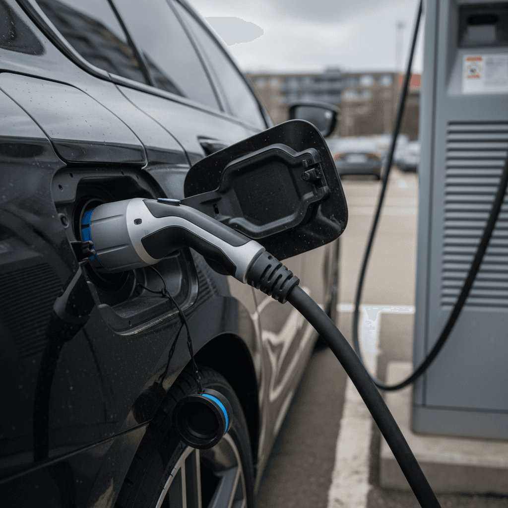 Close-up of a BMW i7 plugged into a DC fast charger, focusing on the charging connector and port