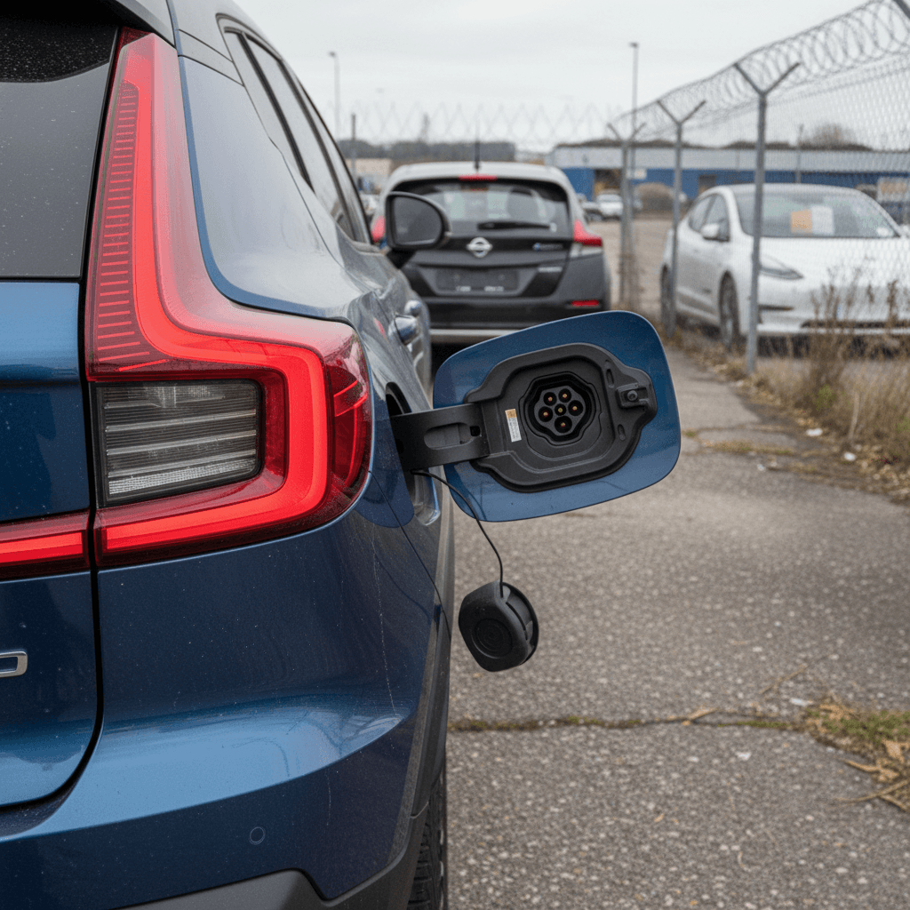 Used Volvo EX30 at a charging station with focus on the rear badge and taillight