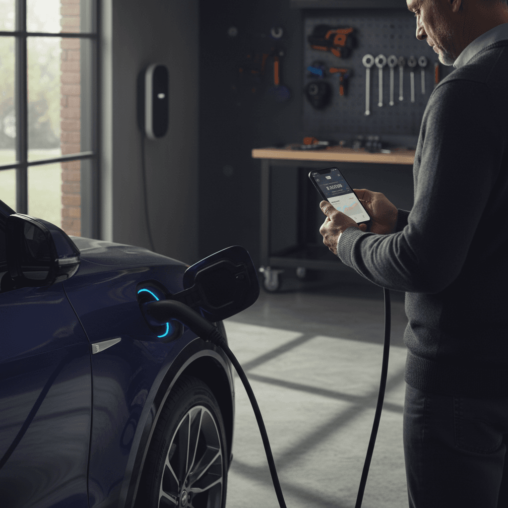 2023 Cadillac Lyriq plugged into a home charger while the owner checks its resale value on a smartphone