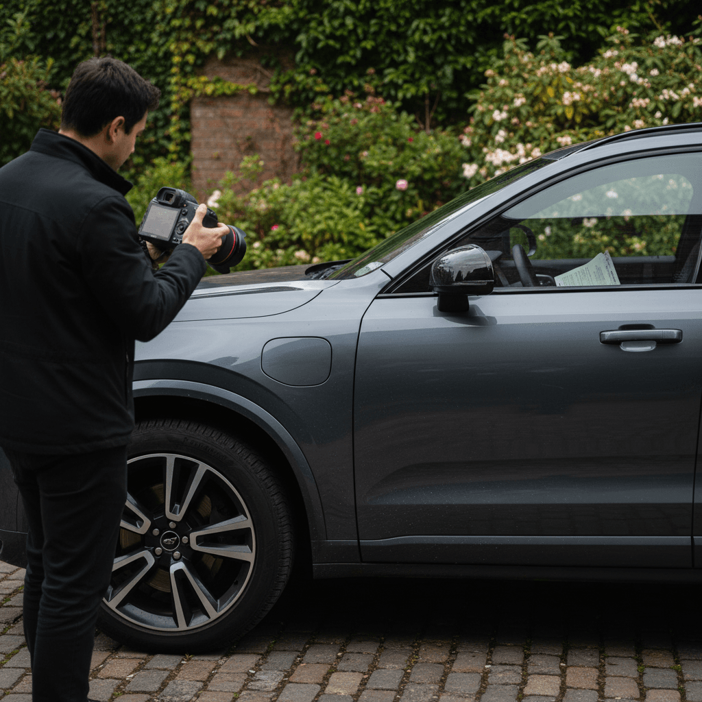 Well-prepared Volvo EX90 parked in driveway being photographed for an online listing
