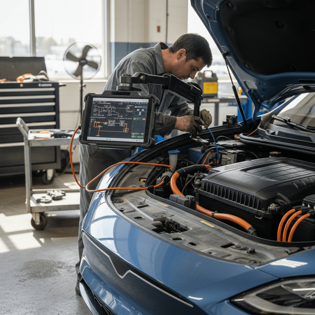 Technician using a diagnostic tablet to inspect an electric car in a Florida service bay